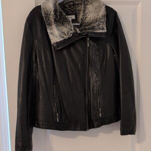 Dressbarn Brown Leather Jacket with Faux Fur Collar